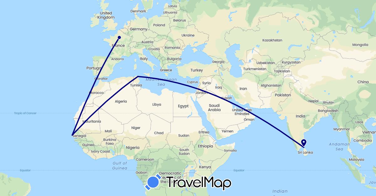 TravelMap itinerary: driving in France, Sri Lanka, Senegal, Tunisia (Africa, Asia, Europe)